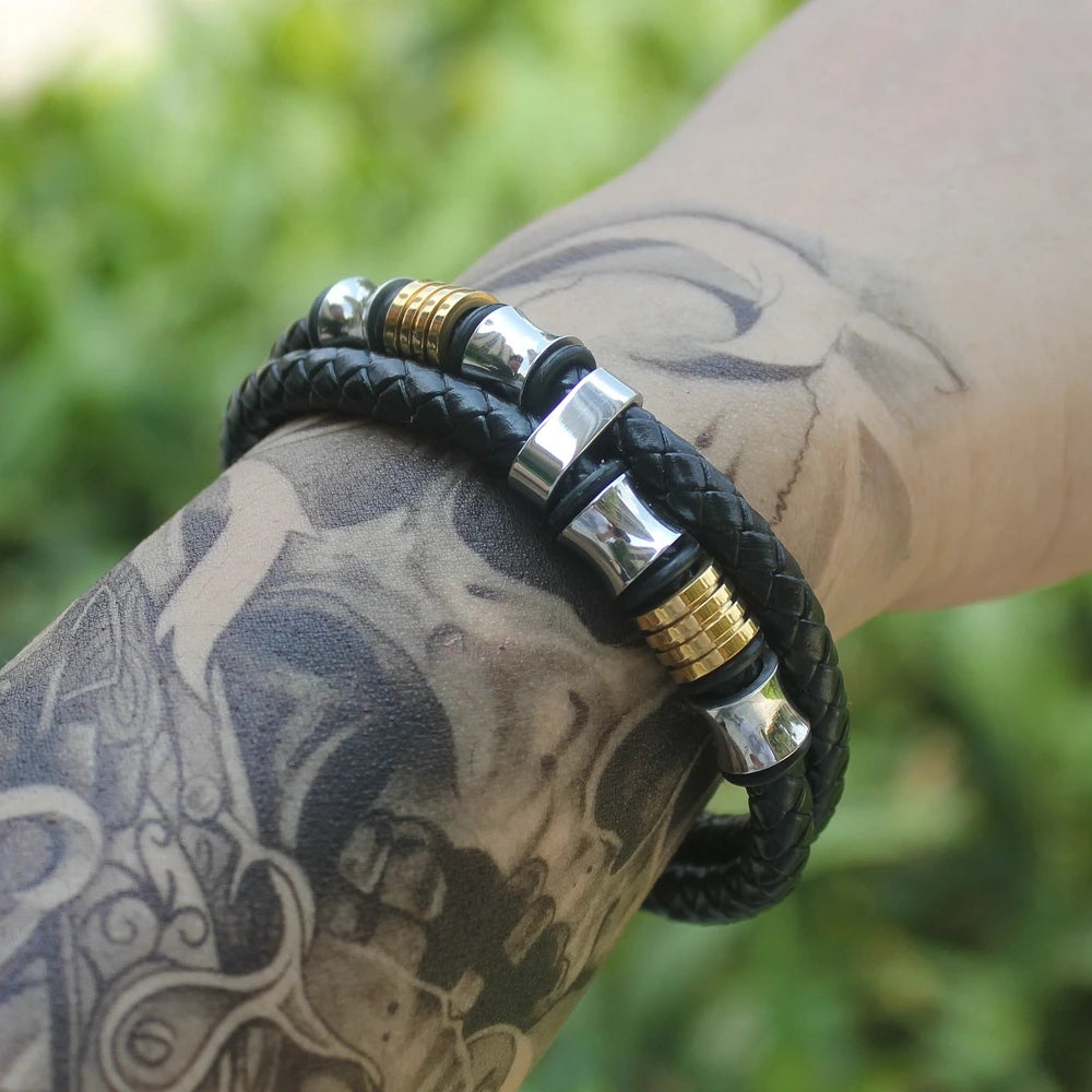 TYO Vintage Stainless Steel Wire Leather Male Bracelets Bangles For Men Double Layer Geometric Pattern Combination Bracelets