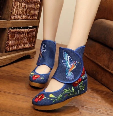 Veowalk Ankle Wrap Women Casual Boots Hummingbird Chinese Noble Mary Janes Inside Increased Embroidery Pumps Cloth Shoes Viralgem Store