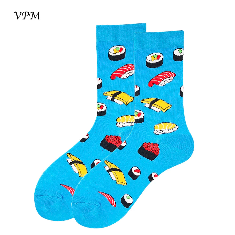 VPM Two Big Size Women&Men's Socks 85% Cotton Colorful Funny Harajuku Egg Flamingos Alien Sushi Tooth Poo Hamburger Sock Viralgem Store