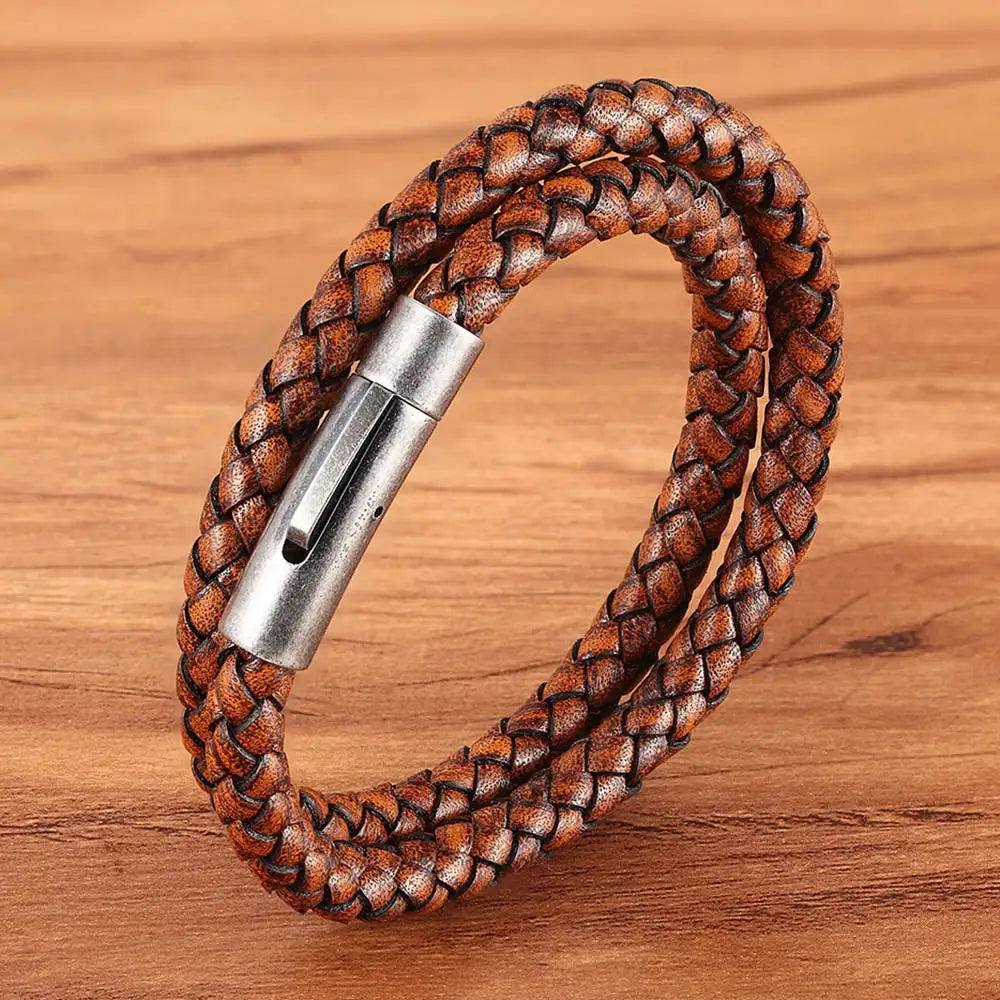 XQNI Perfect Design Double Layer Vintage Steel Buckle Geometric Braid 6mm Leather Bracelet Men Women Fashion Birthday Gift