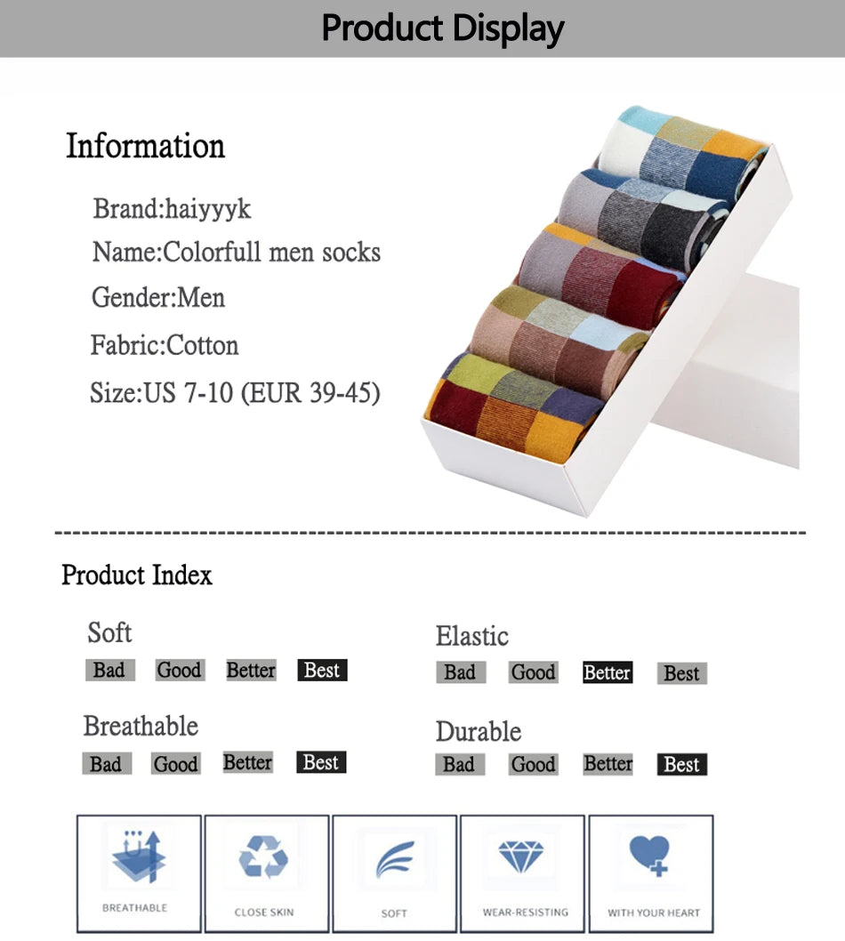5 Pairs/Lot Combed Cotton Men's Socks Compression Socks Fashion Colorful Square Happy Dress Socks Men Size 39-45 Viralgem Store
