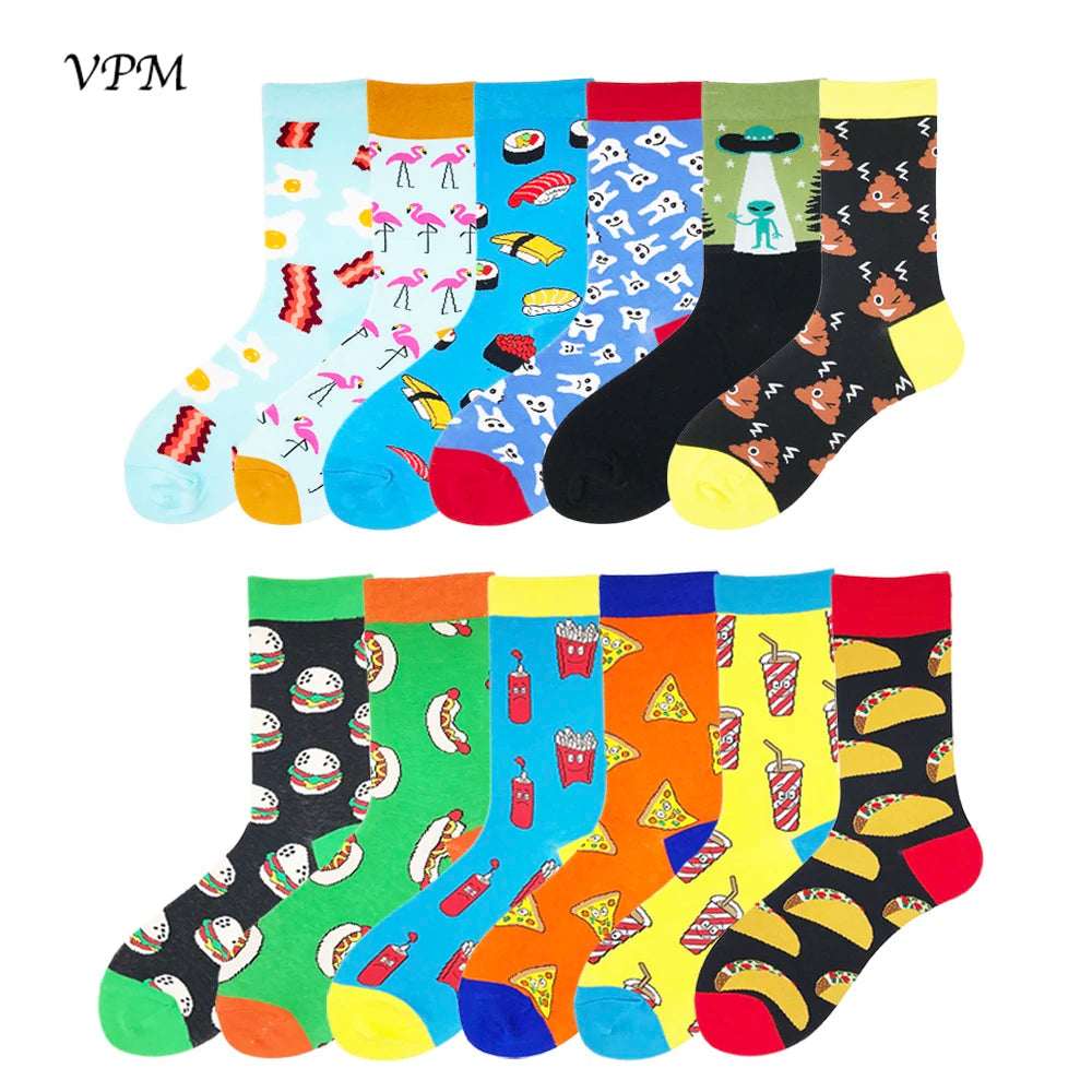 VPM Two Big Size Women&Men's Socks 85% Cotton Colorful Funny Harajuku Egg Flamingos Alien Sushi Tooth Poo Hamburger Sock Viralgem Store
