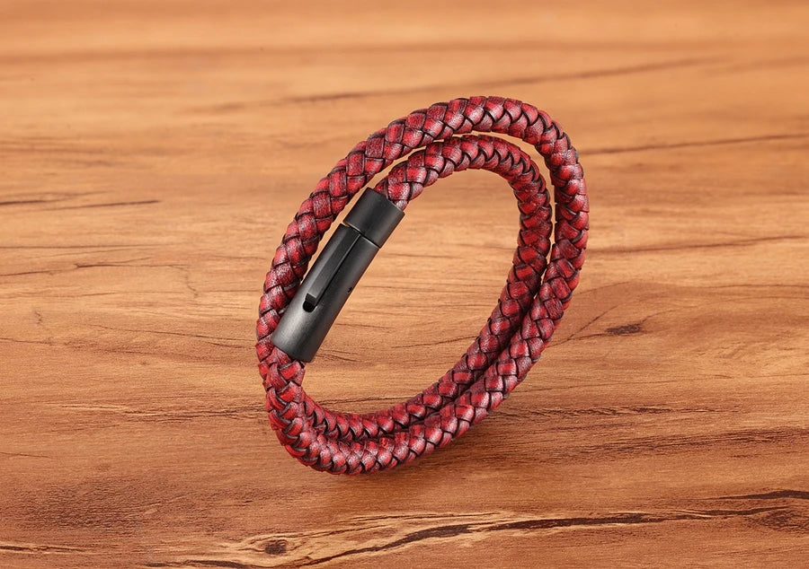 XQNI Perfect Design Double Layer Vintage Steel Buckle Geometric Braid 6mm Leather Bracelet Men Women Fashion Birthday Gift