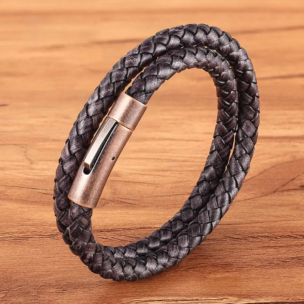 XQNI Perfect Design Double Layer Vintage Steel Buckle Geometric Braid 6mm Leather Bracelet Men Women Fashion Birthday Gift