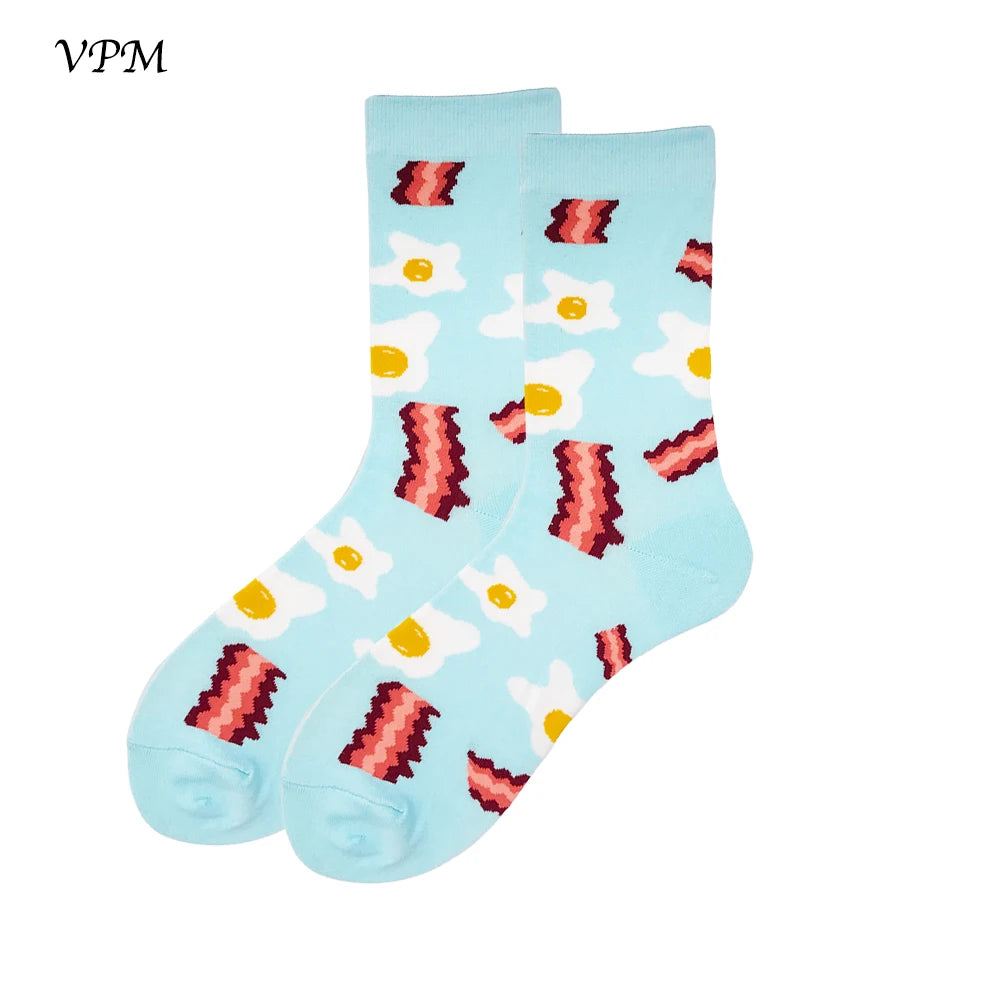 VPM Two Big Size Women&Men's Socks 85% Cotton Colorful Funny Harajuku Egg Flamingos Alien Sushi Tooth Poo Hamburger Sock Viralgem Store