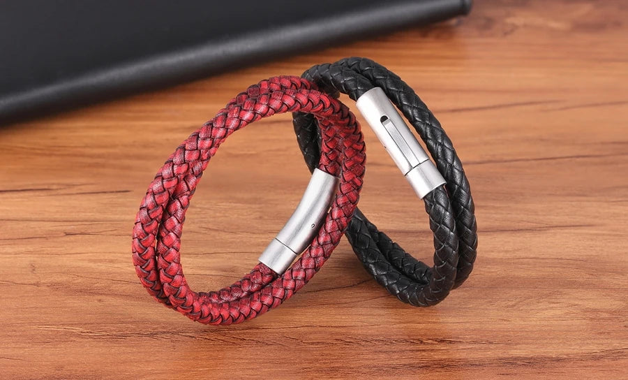 XQNI Perfect Design Double Layer Vintage Steel Buckle Geometric Braid 6mm Leather Bracelet Men Women Fashion Birthday Gift