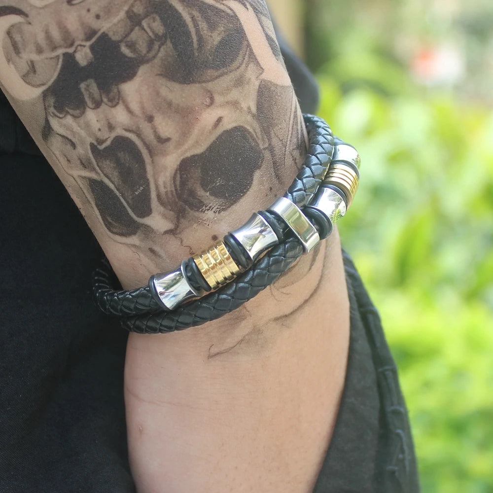 TYO Vintage Stainless Steel Wire Leather Male Bracelets Bangles For Men Double Layer Geometric Pattern Combination Bracelets