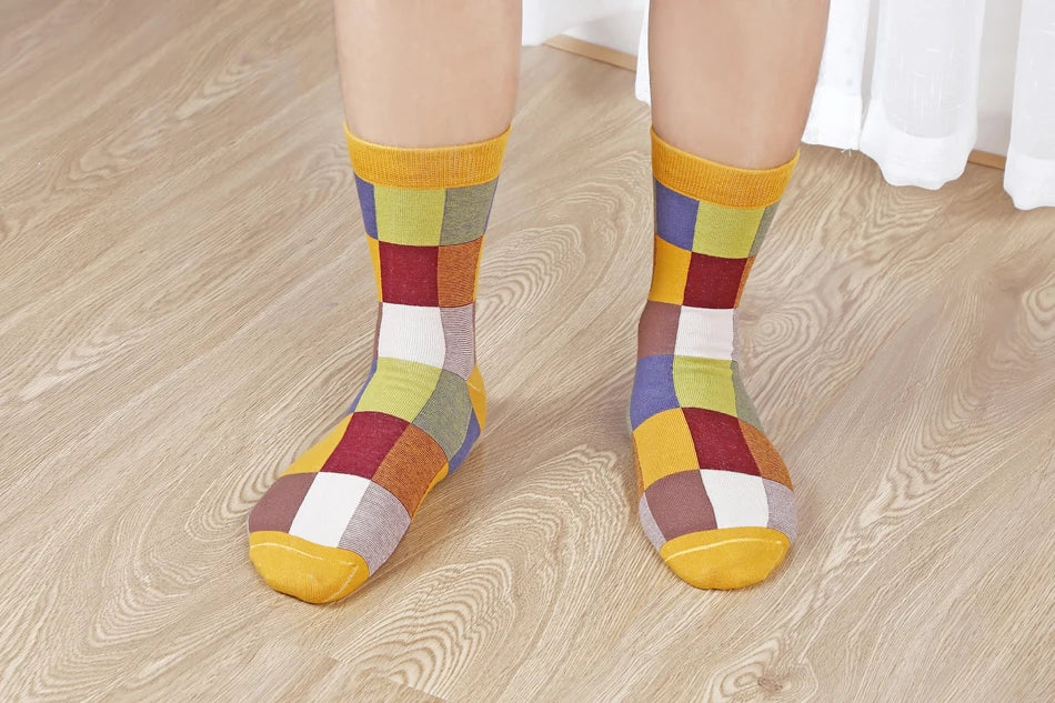 5 Pairs/Lot Combed Cotton Men's Socks Compression Socks Fashion Colorful Square Happy Dress Socks Men Size 39-45 Viralgem Store