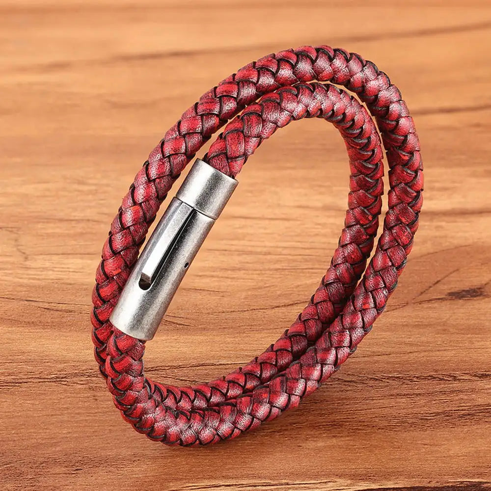 XQNI Perfect Design Double Layer Vintage Steel Buckle Geometric Braid 6mm Leather Bracelet Men Women Fashion Birthday Gift
