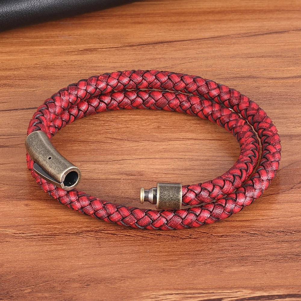 XQNI Perfect Design Double Layer Vintage Steel Buckle Geometric Braid 6mm Leather Bracelet Men Women Fashion Birthday Gift