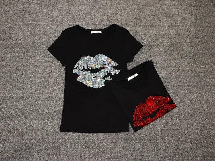 Top Selling t shirt women Summer Short Sleeve Feminine Fashion Sexy Lip Crystal T-shirt O Neck Soft Cotton Ladies Tee shirt Viralgem Store