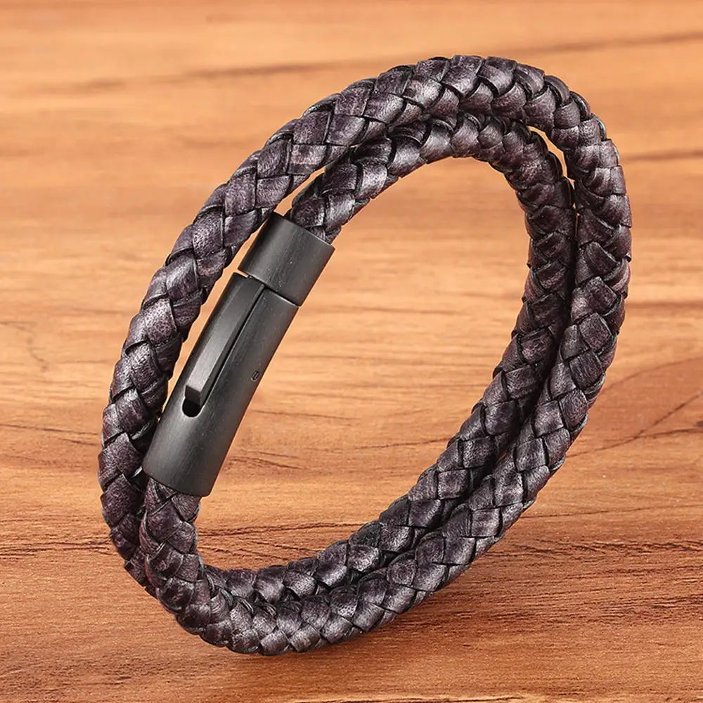 XQNI Perfect Design Double Layer Vintage Steel Buckle Geometric Braid 6mm Leather Bracelet Men Women Fashion Birthday Gift