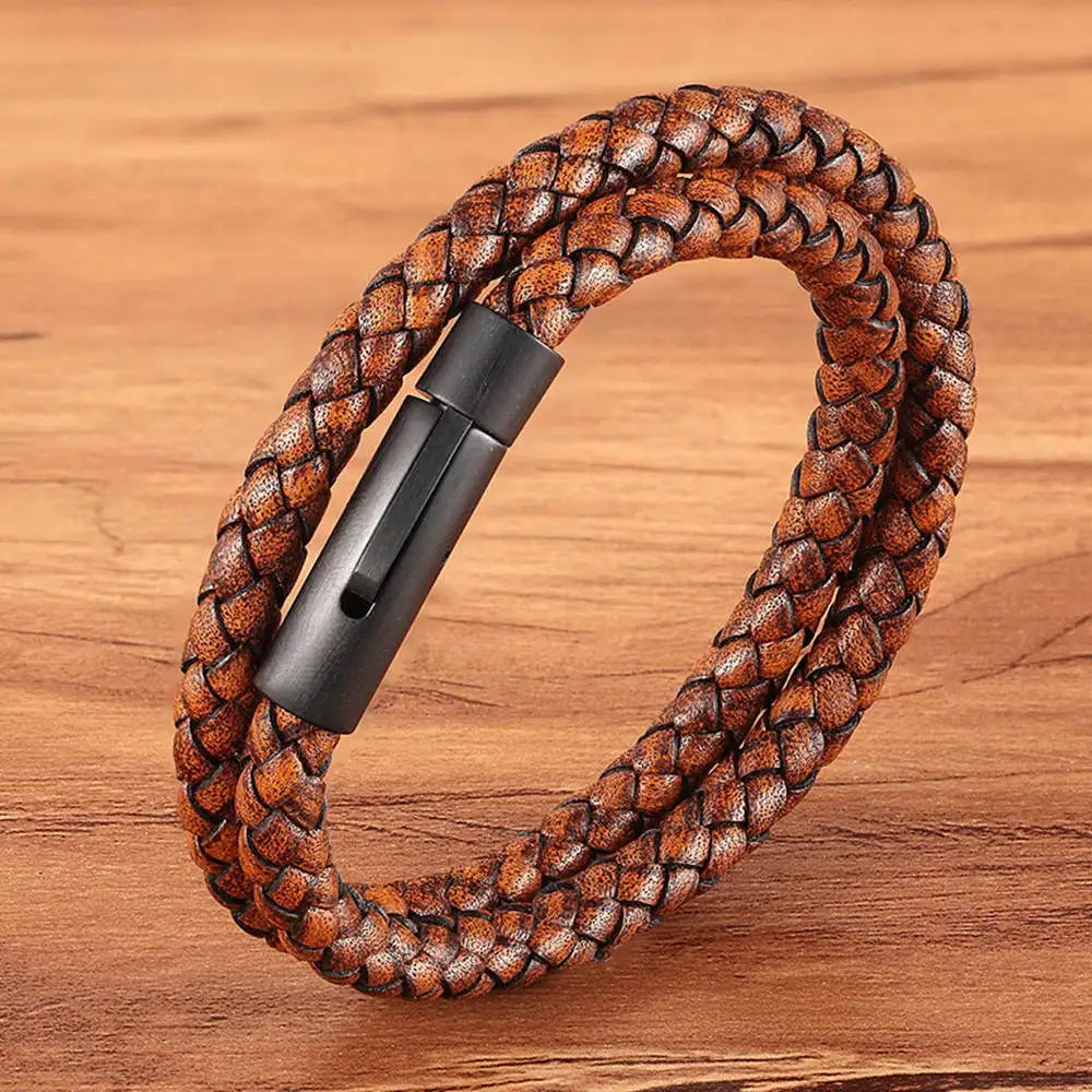 XQNI Perfect Design Double Layer Vintage Steel Buckle Geometric Braid 6mm Leather Bracelet Men Women Fashion Birthday Gift