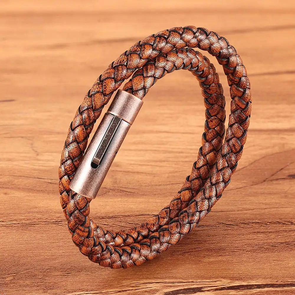XQNI Perfect Design Double Layer Vintage Steel Buckle Geometric Braid 6mm Leather Bracelet Men Women Fashion Birthday Gift