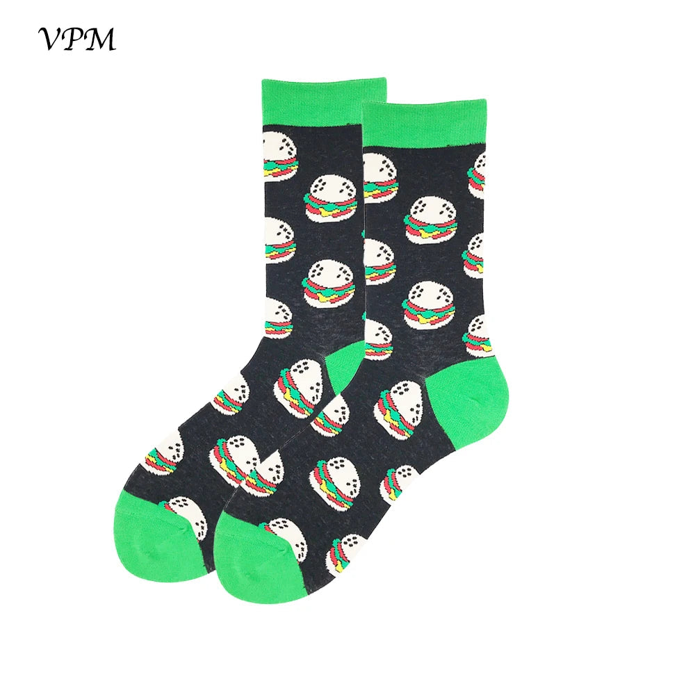 VPM Two Big Size Women&Men's Socks 85% Cotton Colorful Funny Harajuku Egg Flamingos Alien Sushi Tooth Poo Hamburger Sock Viralgem Store