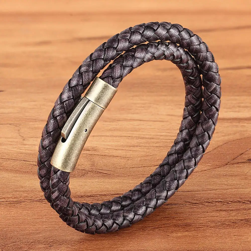 XQNI Perfect Design Double Layer Vintage Steel Buckle Geometric Braid 6mm Leather Bracelet Men Women Fashion Birthday Gift