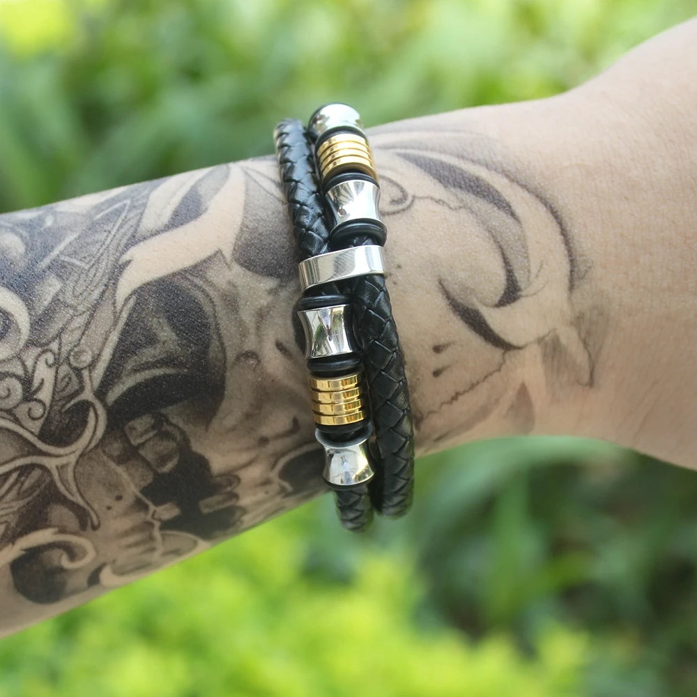 TYO Vintage Stainless Steel Wire Leather Male Bracelets Bangles For Men Double Layer Geometric Pattern Combination Bracelets