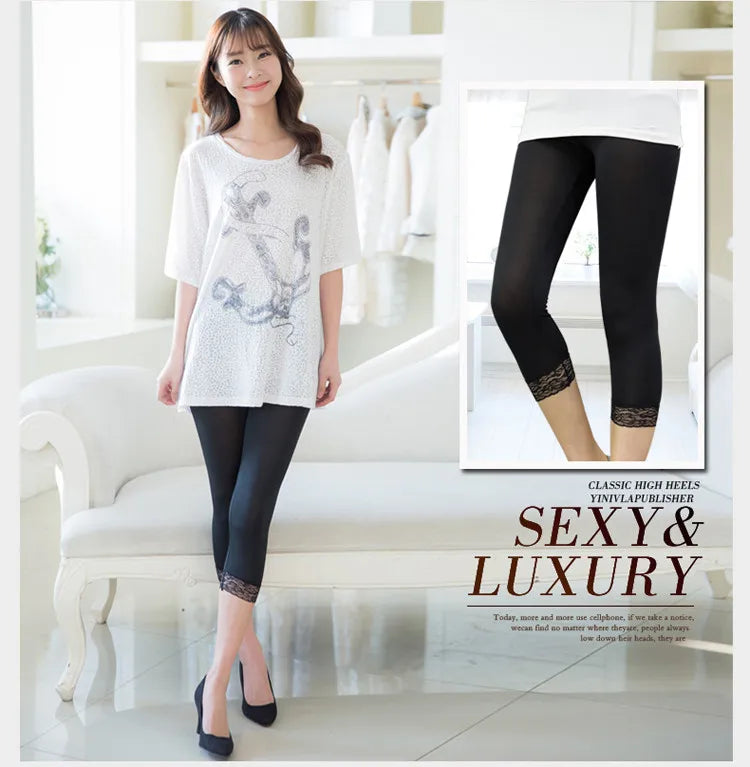 Thin Lace Short Leggings Summer Jeggings Women Pants Bodycon Cropped Capris Skinny Legging Black White Push Up Trousers Elastic