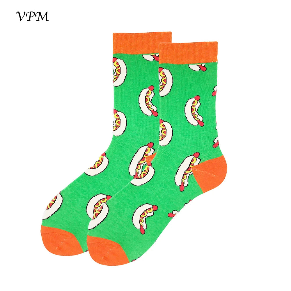 VPM Two Big Size Women&Men's Socks 85% Cotton Colorful Funny Harajuku Egg Flamingos Alien Sushi Tooth Poo Hamburger Sock Viralgem Store