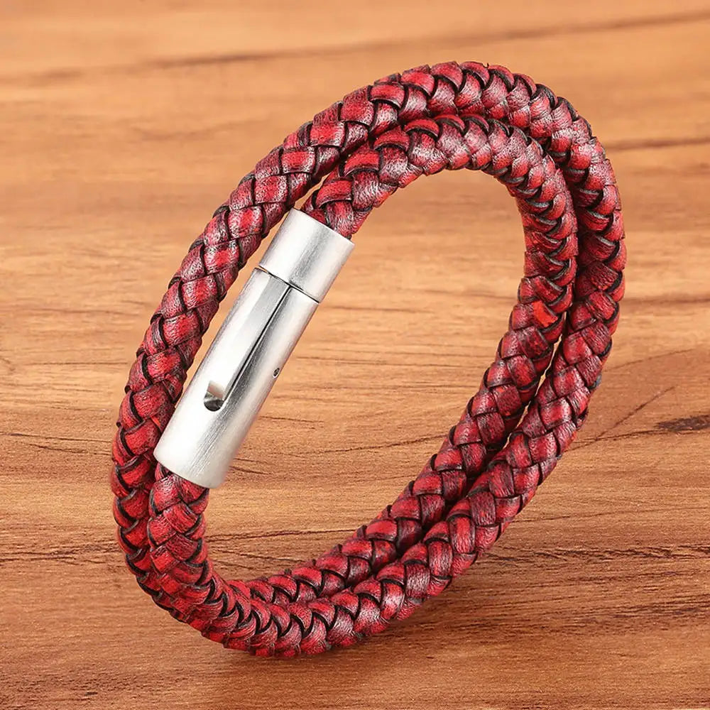 XQNI Perfect Design Double Layer Vintage Steel Buckle Geometric Braid 6mm Leather Bracelet Men Women Fashion Birthday Gift