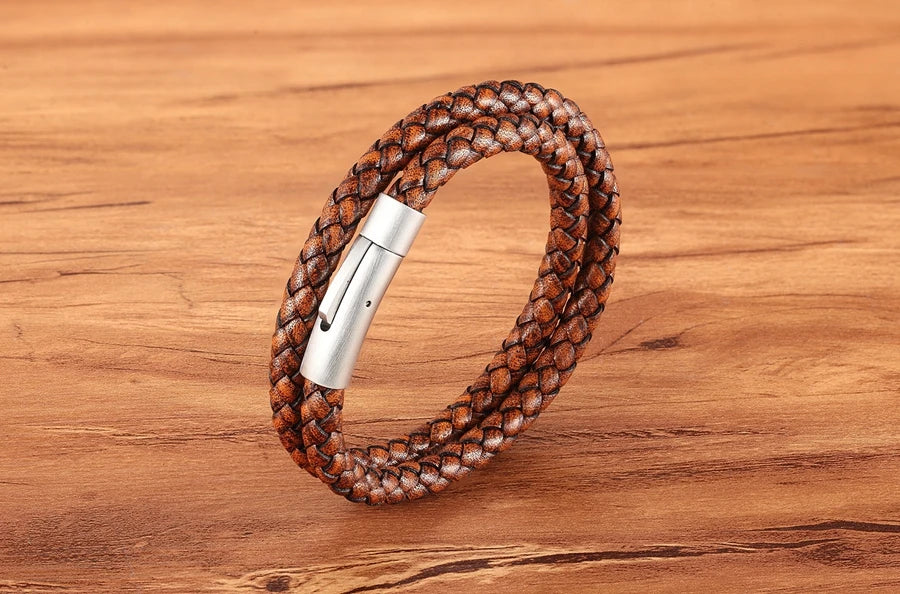 XQNI Perfect Design Double Layer Vintage Steel Buckle Geometric Braid 6mm Leather Bracelet Men Women Fashion Birthday Gift