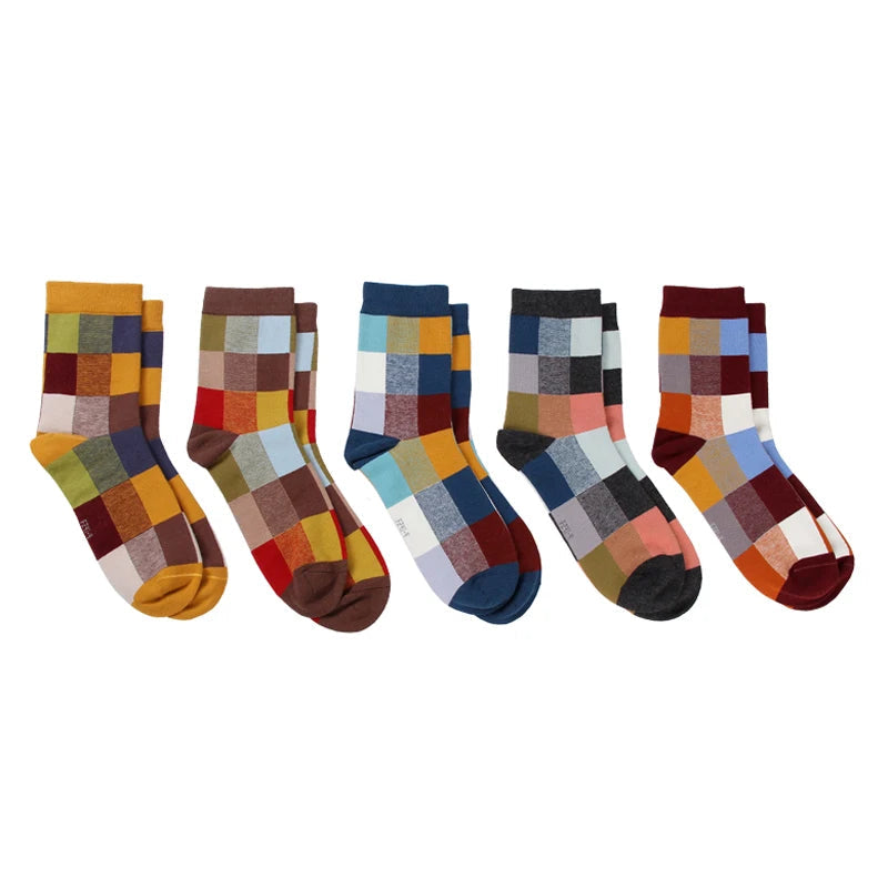 5 Pairs/Lot Combed Cotton Men's Socks Compression Socks Fashion Colorful Square Happy Dress Socks Men Size 39-45 Viralgem Store