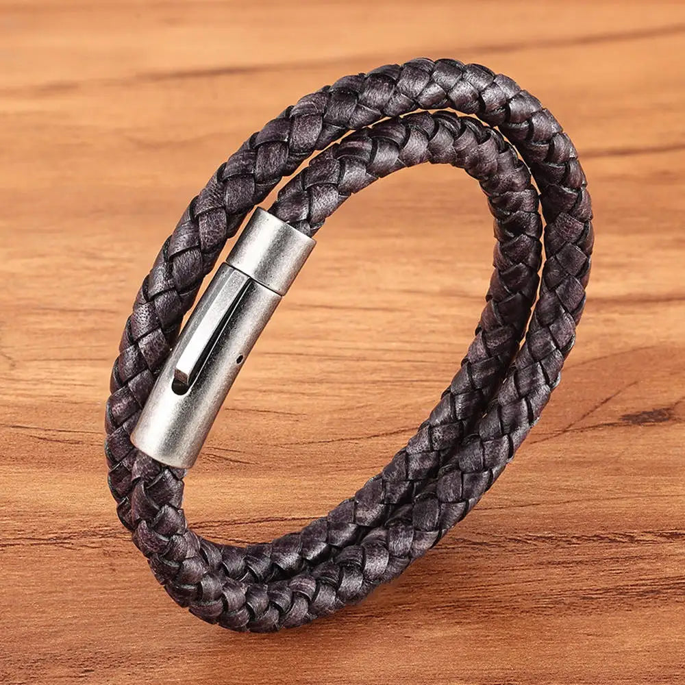 XQNI Perfect Design Double Layer Vintage Steel Buckle Geometric Braid 6mm Leather Bracelet Men Women Fashion Birthday Gift