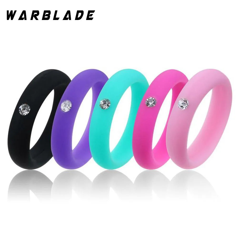 4-9 size Food Grade FDA Silicone Ring Hypoallergenic Crossfit Flexible Rubber Finger Rings With Rhinestone For Women Wedding 5mm