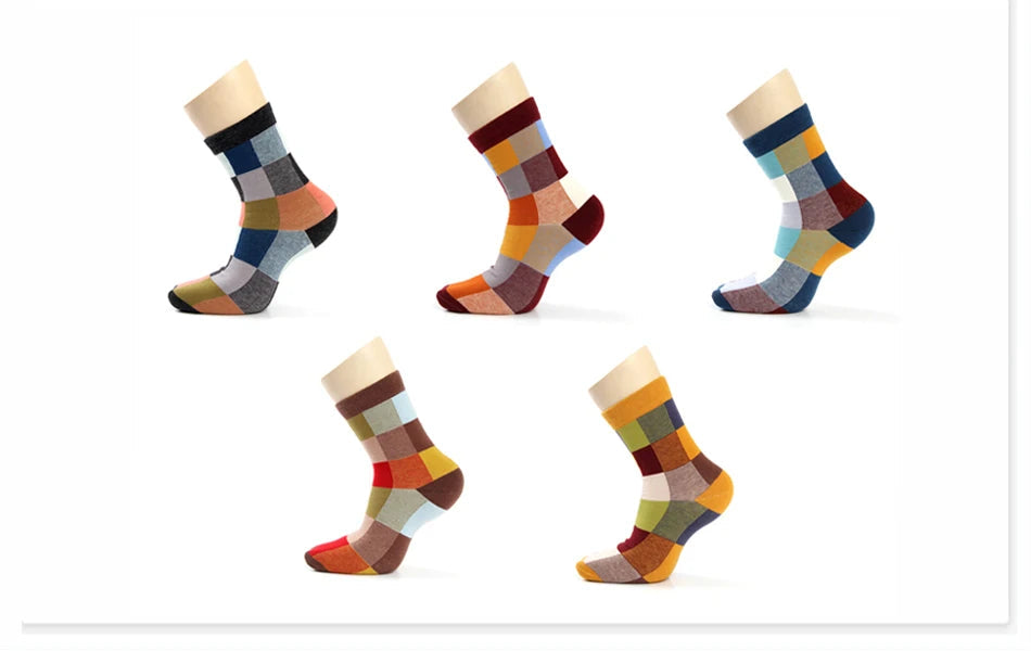 5 Pairs/Lot Combed Cotton Men's Socks Compression Socks Fashion Colorful Square Happy Dress Socks Men Size 39-45 Viralgem Store