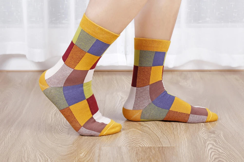 5 Pairs/Lot Combed Cotton Men's Socks Compression Socks Fashion Colorful Square Happy Dress Socks Men Size 39-45 Viralgem Store