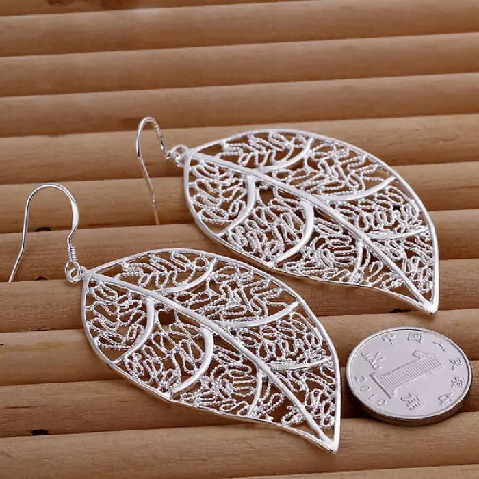 925 Sterling Silver Earring Cute High Quality Nice Charms Women Lady Wedding Fashion Leaf Jewelry