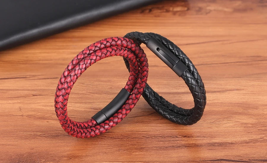 XQNI Perfect Design Double Layer Vintage Steel Buckle Geometric Braid 6mm Leather Bracelet Men Women Fashion Birthday Gift