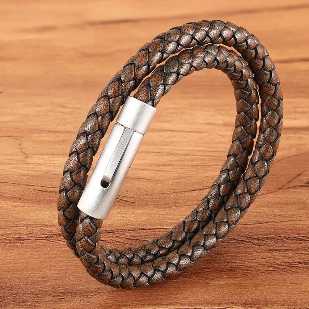 XQNI Perfect Design Double Layer Vintage Steel Buckle Geometric Braid 6mm Leather Bracelet Men Women Fashion Birthday Gift