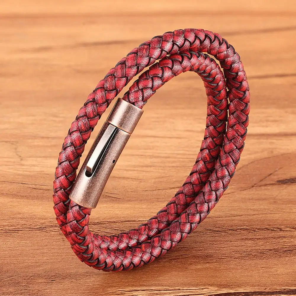 XQNI Perfect Design Double Layer Vintage Steel Buckle Geometric Braid 6mm Leather Bracelet Men Women Fashion Birthday Gift