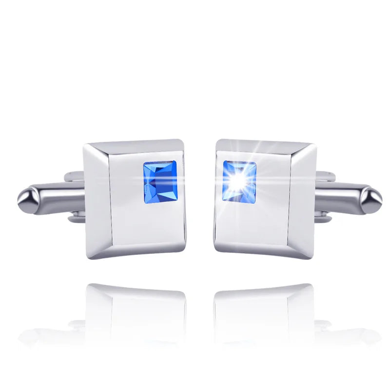 A Pair High Quality Trendy Silver Color Square Cufflinks Classic Men Luxury Blue White Crystal Cuff Links French Shirt Cufflink