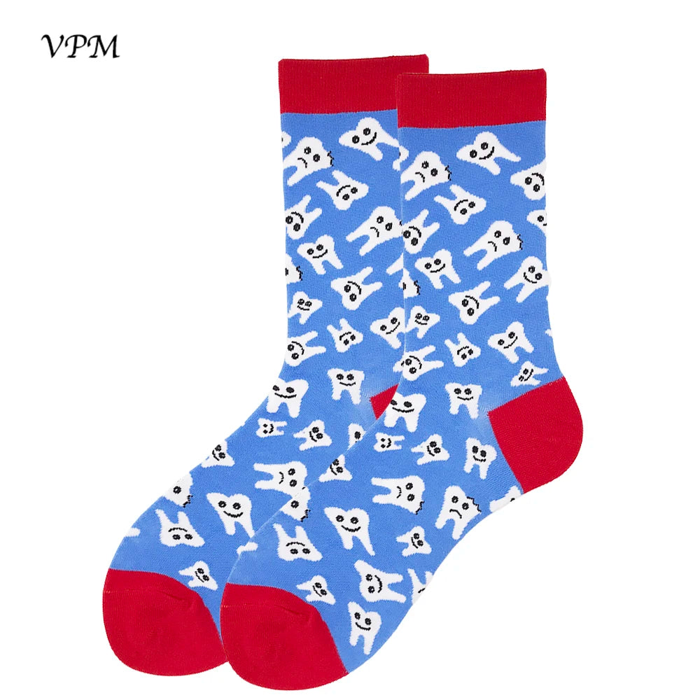 VPM Two Big Size Women&Men's Socks 85% Cotton Colorful Funny Harajuku Egg Flamingos Alien Sushi Tooth Poo Hamburger Sock Viralgem Store