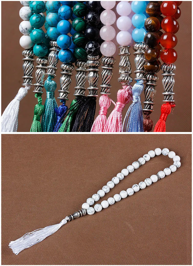 10mm Natural Round Beads Turquoises Tassel Pendant Quartz Stone Bead 33 Prayer Beads Islamic Muslim Tasbih For Women Men Viralgem Store