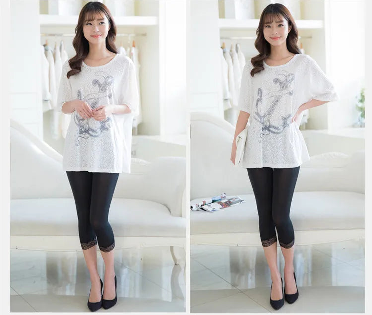 Thin Lace Short Leggings Summer Jeggings Women Pants Bodycon Cropped Capris Skinny Legging Black White Push Up Trousers Elastic