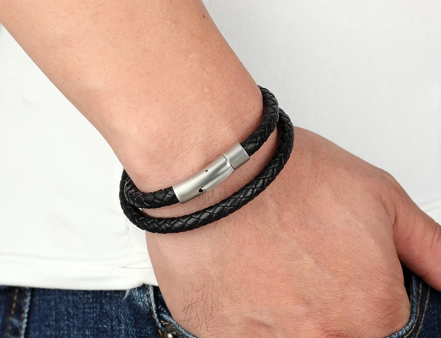 XQNI Perfect Design Double Layer Vintage Steel Buckle Geometric Braid 6mm Leather Bracelet Men Women Fashion Birthday Gift