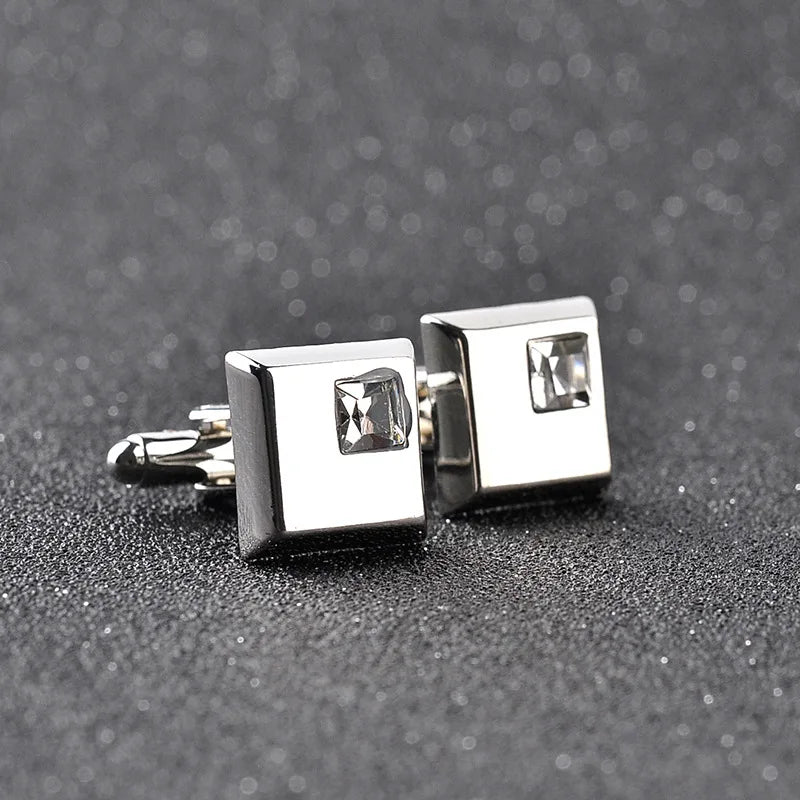 A Pair High Quality Trendy Silver Color Square Cufflinks Classic Men Luxury Blue White Crystal Cuff Links French Shirt Cufflink