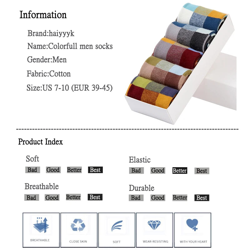 5 Pairs/Lot Combed Cotton Men's Socks Compression Socks Fashion Colorful Square Happy Dress Socks Men Size 39-45 Viralgem Store