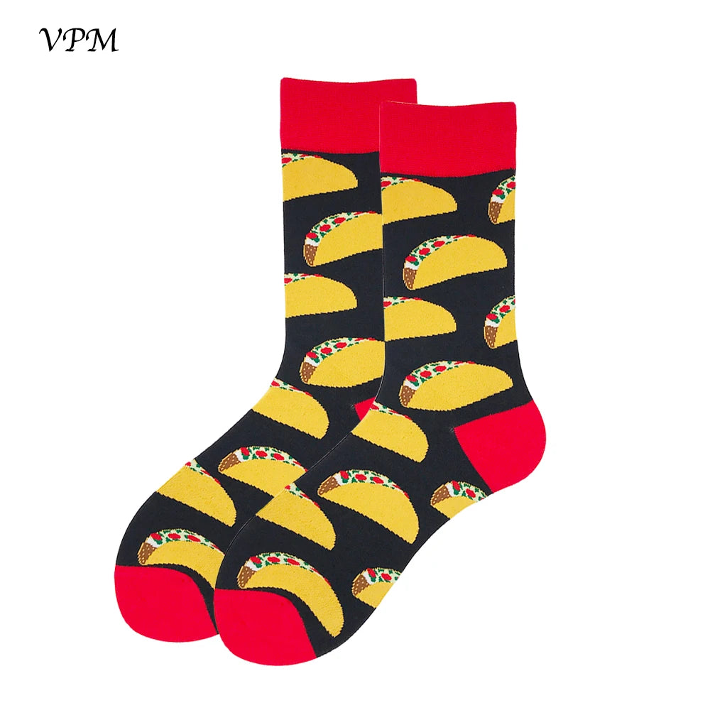 VPM Two Big Size Women&Men's Socks 85% Cotton Colorful Funny Harajuku Egg Flamingos Alien Sushi Tooth Poo Hamburger Sock Viralgem Store