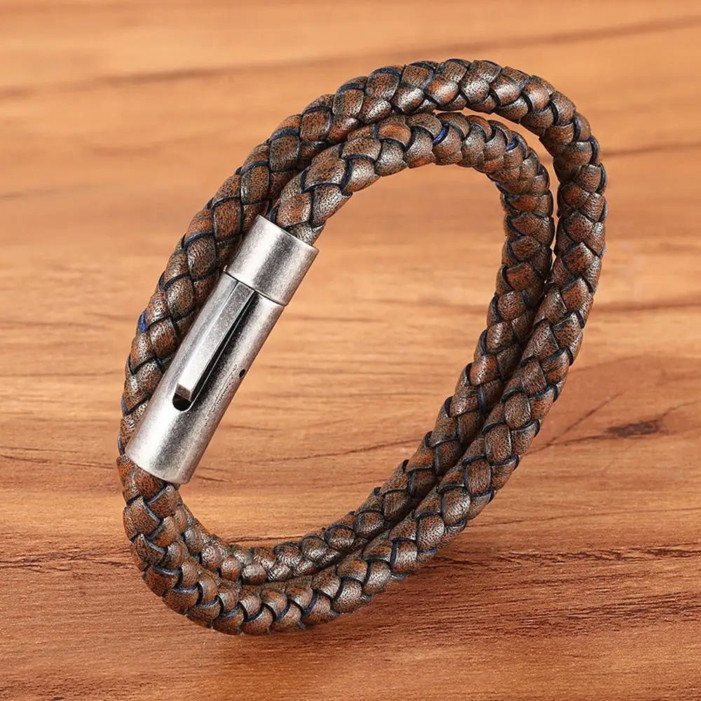 XQNI Perfect Design Double Layer Vintage Steel Buckle Geometric Braid 6mm Leather Bracelet Men Women Fashion Birthday Gift