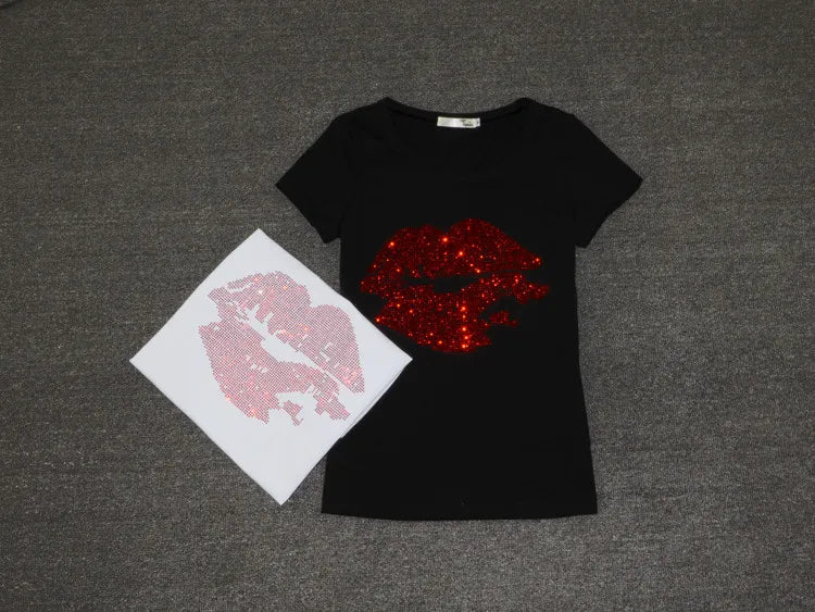 Top Selling t shirt women Summer Short Sleeve Feminine Fashion Sexy Lip Crystal T-shirt O Neck Soft Cotton Ladies Tee shirt Viralgem Store