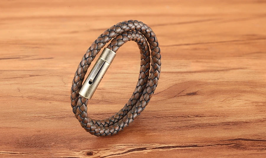 XQNI Perfect Design Double Layer Vintage Steel Buckle Geometric Braid 6mm Leather Bracelet Men Women Fashion Birthday Gift