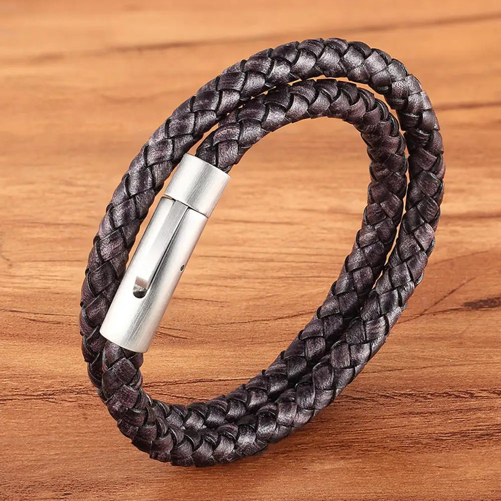 XQNI Perfect Design Double Layer Vintage Steel Buckle Geometric Braid 6mm Leather Bracelet Men Women Fashion Birthday Gift