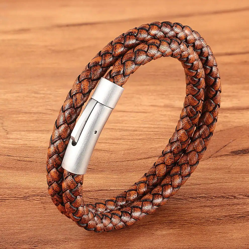 XQNI Perfect Design Double Layer Vintage Steel Buckle Geometric Braid 6mm Leather Bracelet Men Women Fashion Birthday Gift