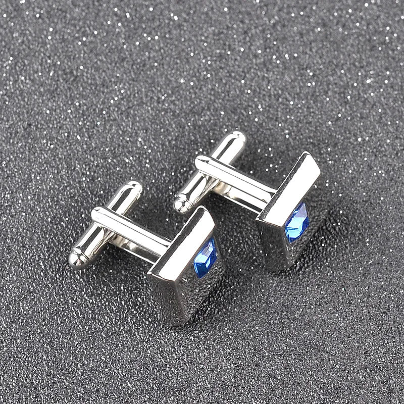 A Pair High Quality Trendy Silver Color Square Cufflinks Classic Men Luxury Blue White Crystal Cuff Links French Shirt Cufflink