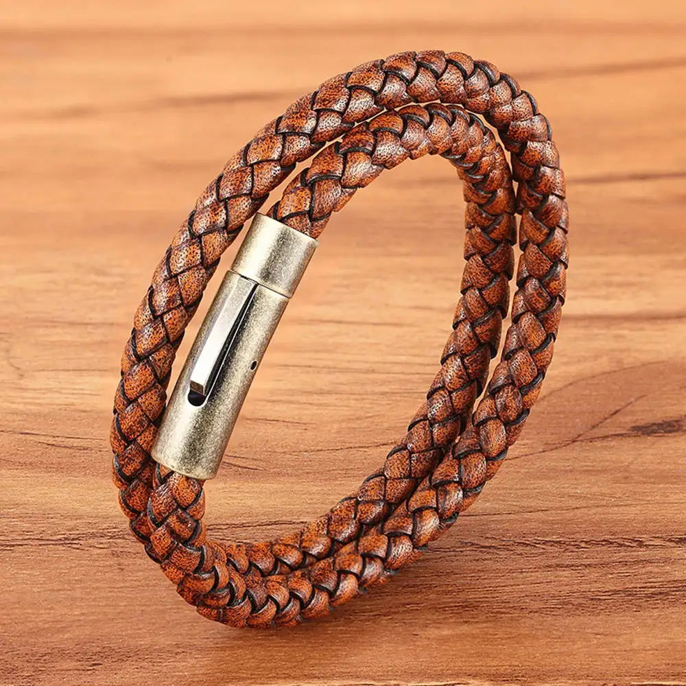 XQNI Perfect Design Double Layer Vintage Steel Buckle Geometric Braid 6mm Leather Bracelet Men Women Fashion Birthday Gift
