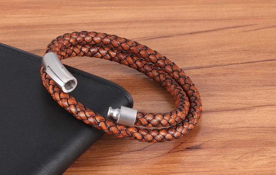 XQNI Perfect Design Double Layer Vintage Steel Buckle Geometric Braid 6mm Leather Bracelet Men Women Fashion Birthday Gift